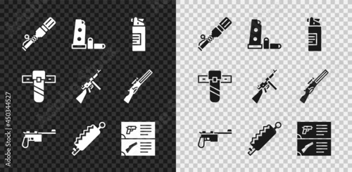 Set Anti-tank hand grenade, Gun magazine bullets, Weapons oil bottle, Mauser gun, Trap hunting, catalog, Knife holster and Tommy icon. Vector