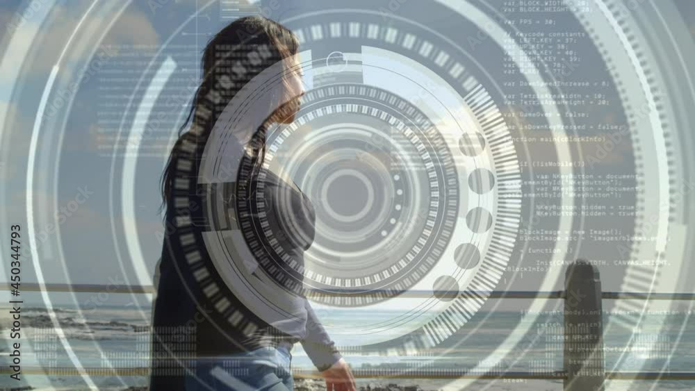 Round scanner and data processing against african american woman with prosthetic leg walking Round scanner and data processing against african american woman with prosthetic leg walking