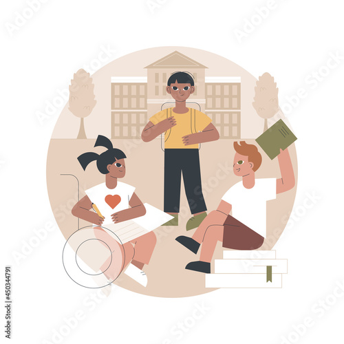 Socialization of pupils abstract concept vector illustration. Socialization in classroom, inclusivity program, school environment, pupils social interaction, peers play together abstract metaphor.