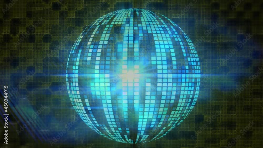 Digital animation of spot of light and digital waves over blue disco ball against black background Digital animation of spot of light and digital waves over blue disco ball against black background