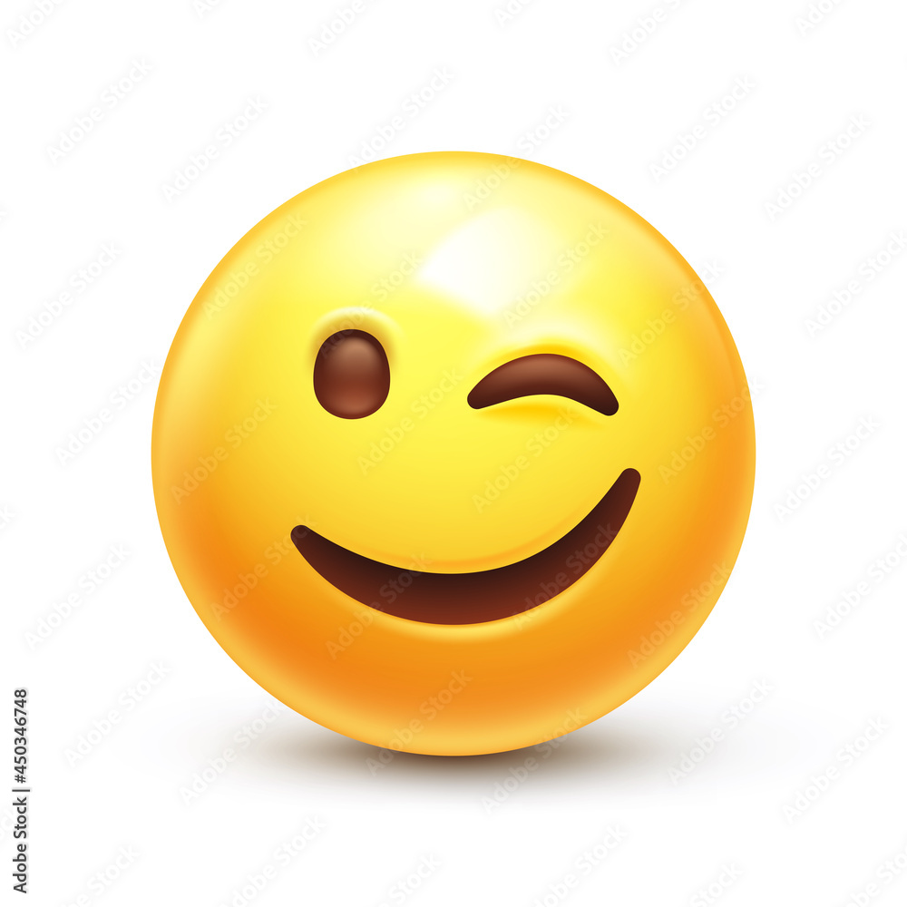 Winking Face. Eye wink emoji, funny yellow emoticon with smiling lips 3D  stylized vector icon Stock Vector | Adobe Stock