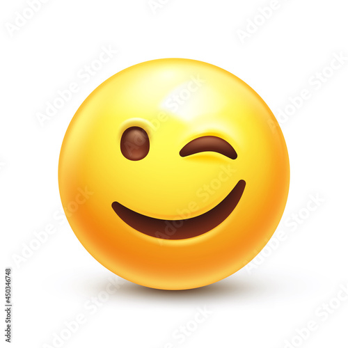 Winking Face. Eye wink emoji, funny yellow emoticon with smiling lips 3D stylized vector icon photo