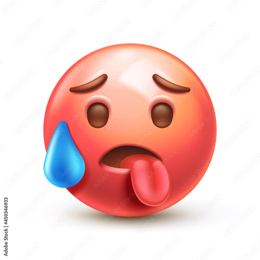 Hot emoji. Overheated emoticon, red face with tongue stuck out 3D