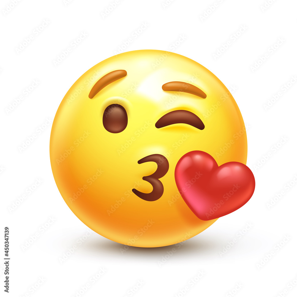 Kiss emoji. Love emoticon with lips blowing a kiss, winking yellow face  with red heart 3D stylized vector icon Stock Vector | Adobe Stock