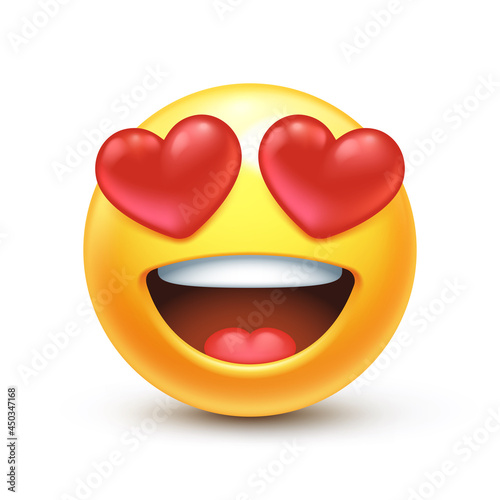 Emoji with heart shaped eyes. In love emoticon, yellow face with heart-eyes and open smile 3D stylized vector icon