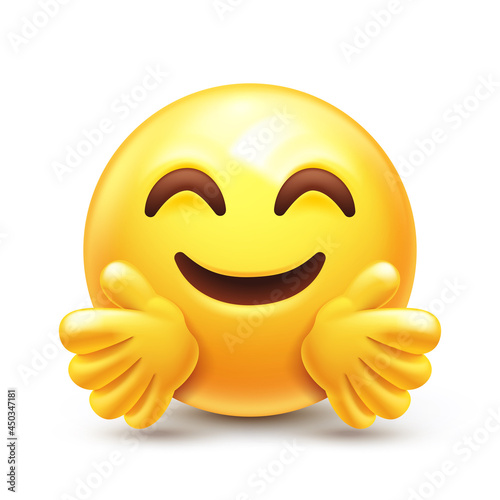 Hugging emoji. Emoticon giving a hug. Happy yellow face with open hands and smiling eyes 3D stylized vector icon