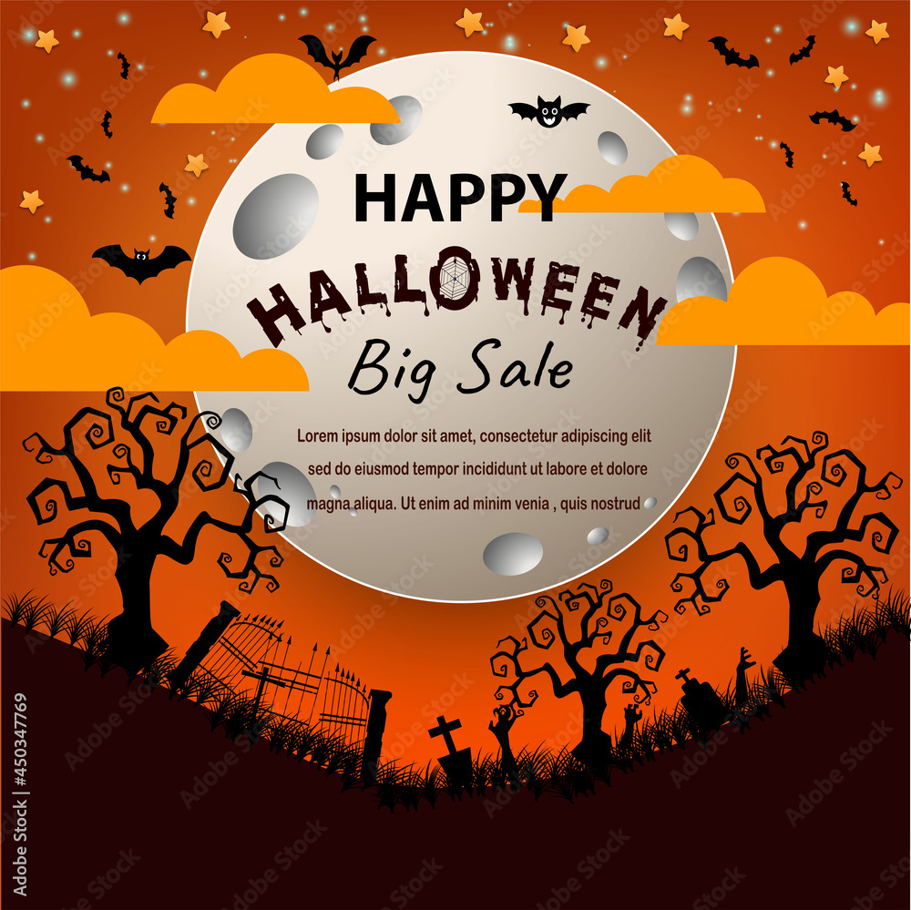 Halloween and full moon in the dark night.Dark castle on full Moon background.Ghost and flying bats, tomb,scary,decoration.Vector Halloween party decoration and flat style concept.