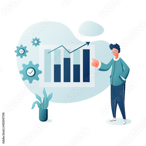Illustration vector graphic of Businessman draws business strategy. Planning development of ideas. Process in form of infographics on steps flat design. Isolated on white background