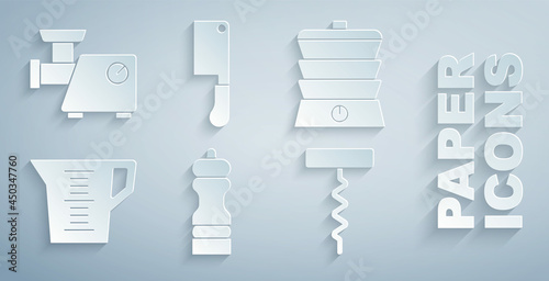 Set Pepper, Slow cooker, Measuring cup, Wine corkscrew, Meat chopper and Kitchen meat grinder icon. Vector