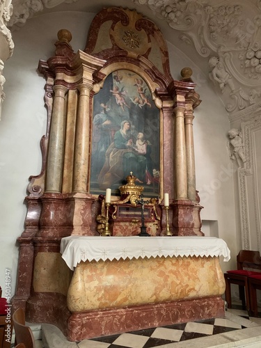 Stainz, Austria, June 23, 2021. Stainz Castle in the Austrian state of Styria. Today the Baroque complex belongs to the Counts of Merano. The interior of the church of the former monastery