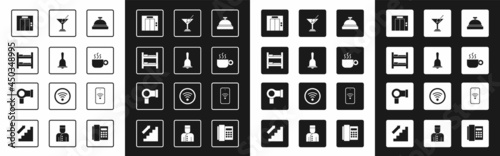 Set Hotel service bell, room bed, Lift, Coffee cup, Martini glass, Mobile with wi-fi wireless and Hair dryer icon. Vector