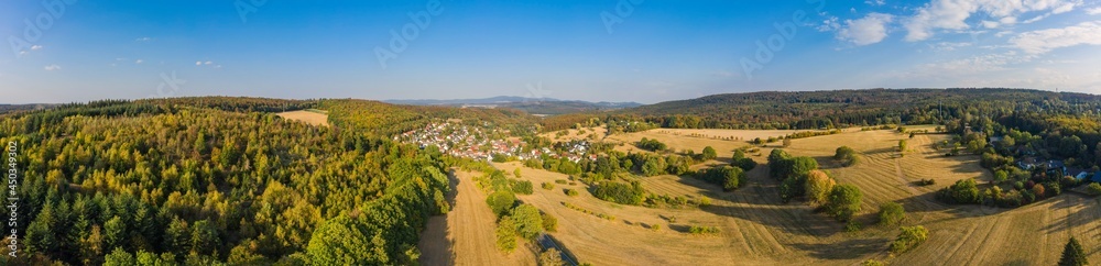 Aerial panorama of a landscape in the Taunus / Germany in late summer