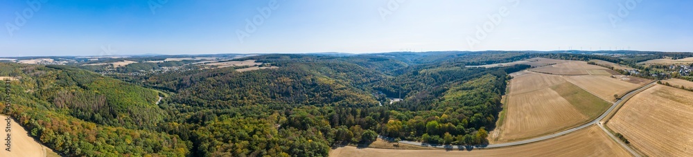Forests and mown grain fields from a bird's eye view in the Taunus / Germany 