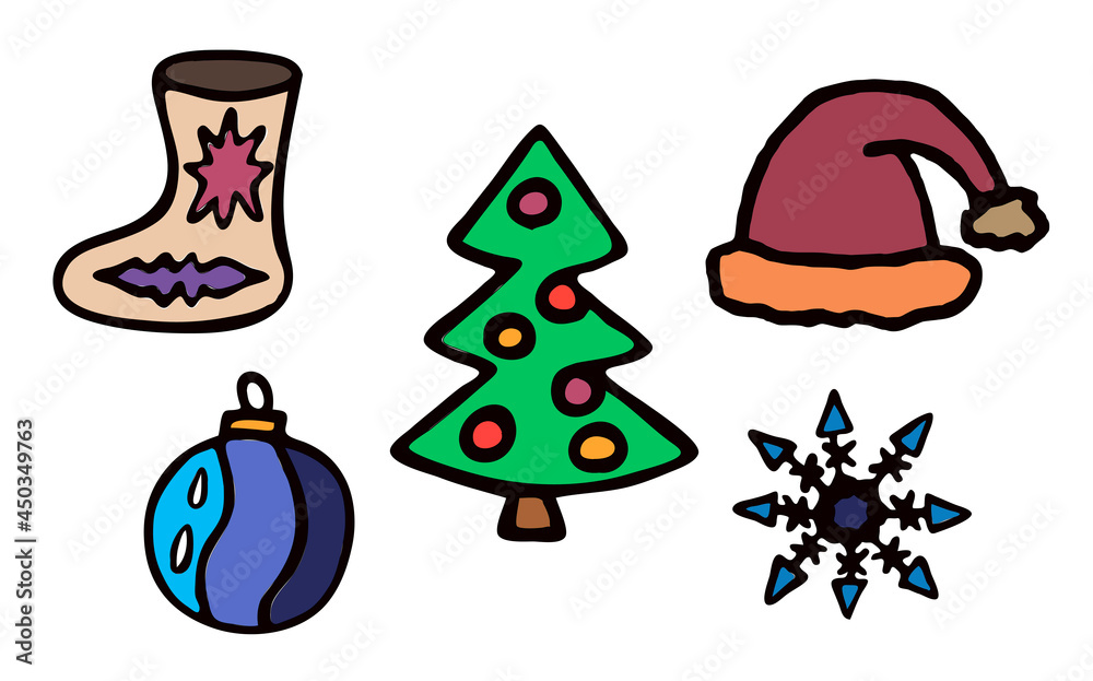 Hand drawn Christmas items set with a feltboot, cap, ball, christmas tree and snowflake, christmas colored icons Hand drawn Christmas items set with a feltboot, cap, ball, christmas tree and snowflake, christmas colored icons