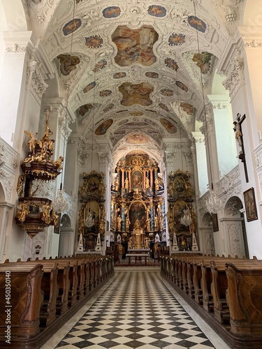 Stainz, Austria, June 23, 2021. Stainz Castle in the Austrian state of Styria. Today the Baroque complex belongs to the Counts of Merano. The interior of the church of the former monastery