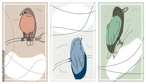 Obraz na plátně birds doodle triptych horizontal banner blue brown green dots