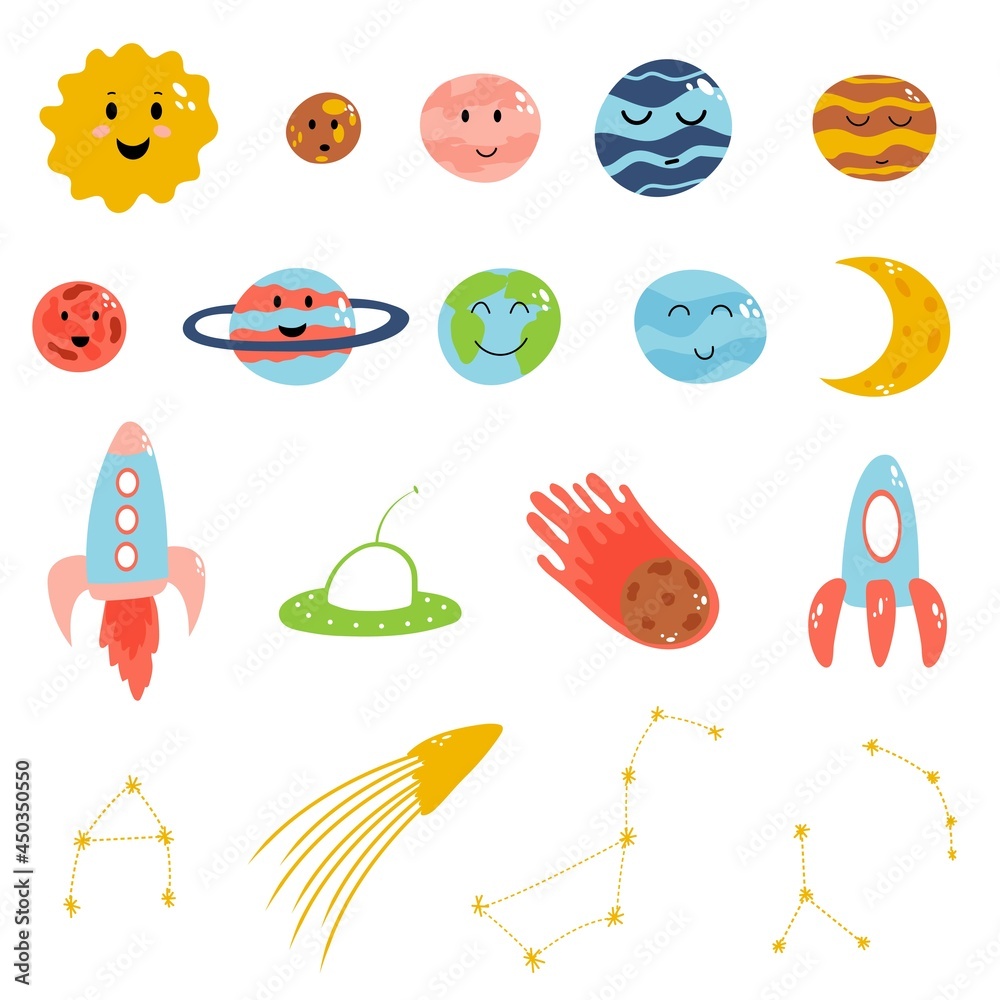 Space elements in cartoon flat childish style. Vector illustration of planets, rocket, meteorite, constellation on white background for baby apparel, textile and product design, wallpaper, wrapping Space elements in cartoon flat childish style. Vector illustration of planets, rocket, meteorite, constellation on white background for baby apparel, textile and product design, wallpaper, wrapping