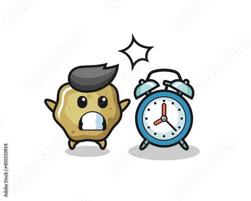 Cartoon Illustration of loose stools is surprised with a giant alarm clock