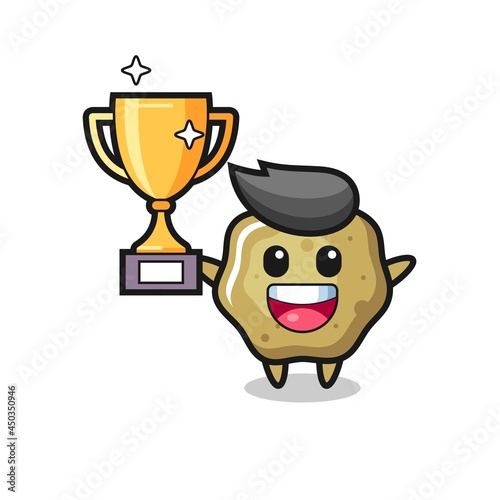 Cartoon Illustration of loose stools is happy holding up the golden trophy
