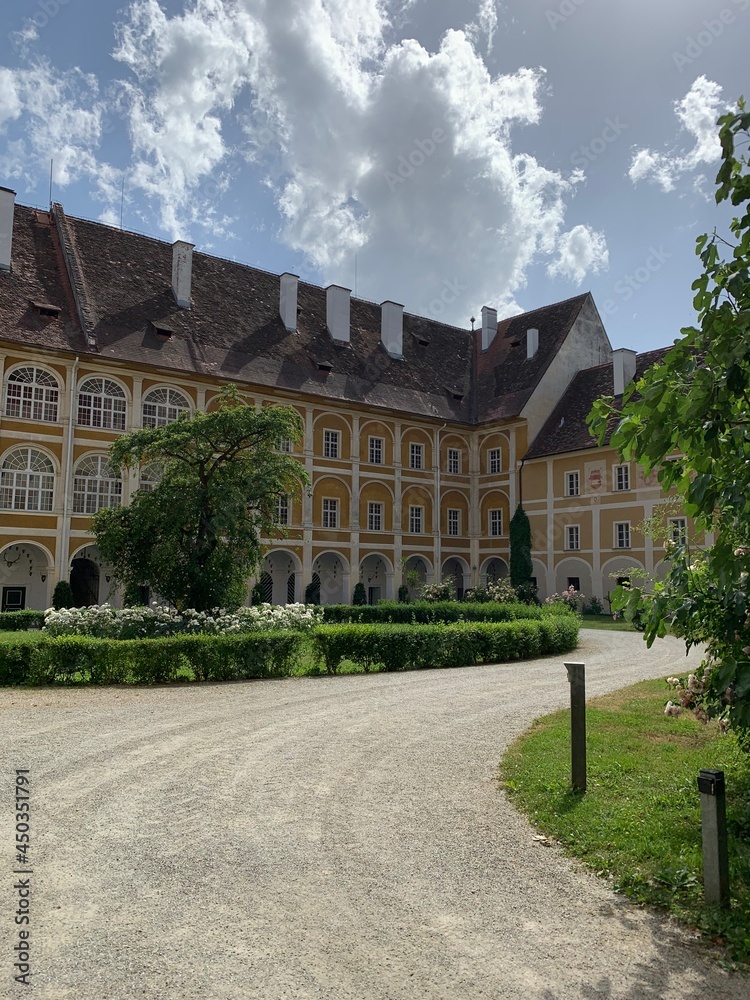 Stainz, Austria, June 23, 2021. Stainz Castle in the Austrian state of Styria. Today the Baroque complex belongs to the Counts of Merano. The courtyard of the former monastery 