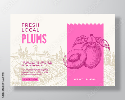 Fresh Local Plums Food Label Template. Abstract Vector Packaging Design Layout. Modern Typography Banner with Hand Drawn Fruit and Rural Landscape Background. Isolated