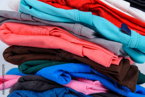 Close up Stack of Colorful cotton T-shirt