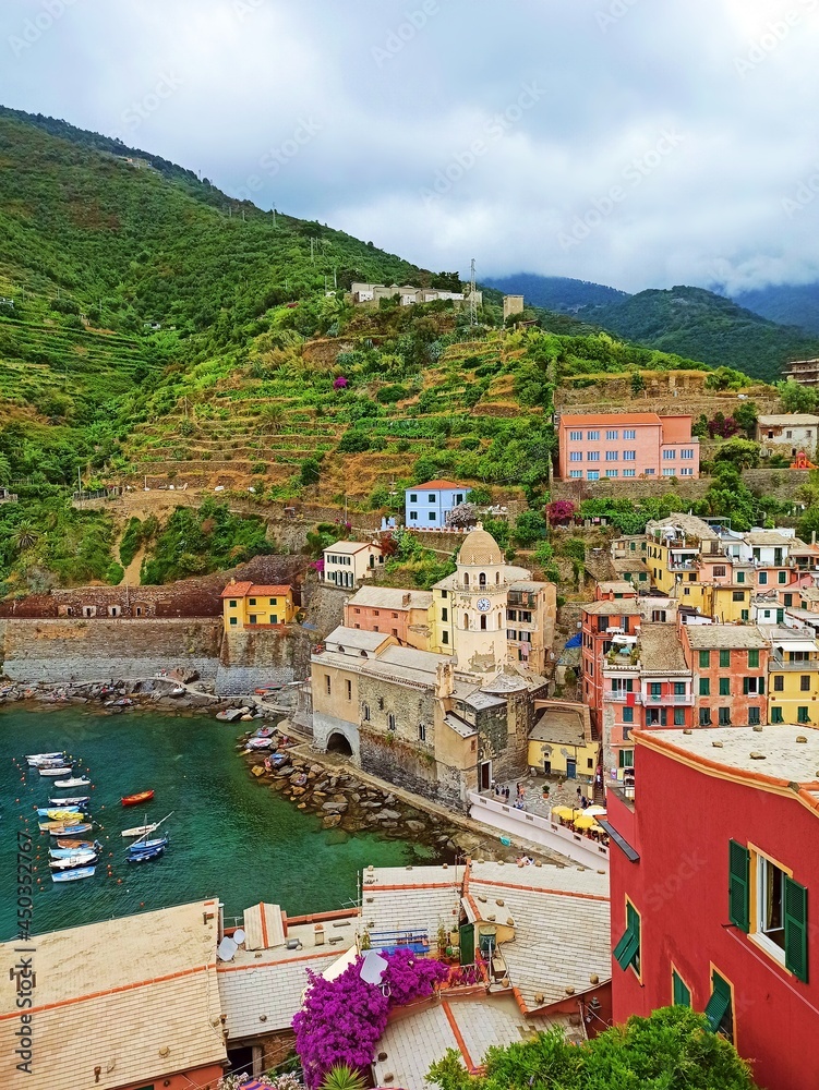 panorama of Vernazza, a seaside village forming part of the Cinque Terre of the city of La Spezia in Liguria, Italy
