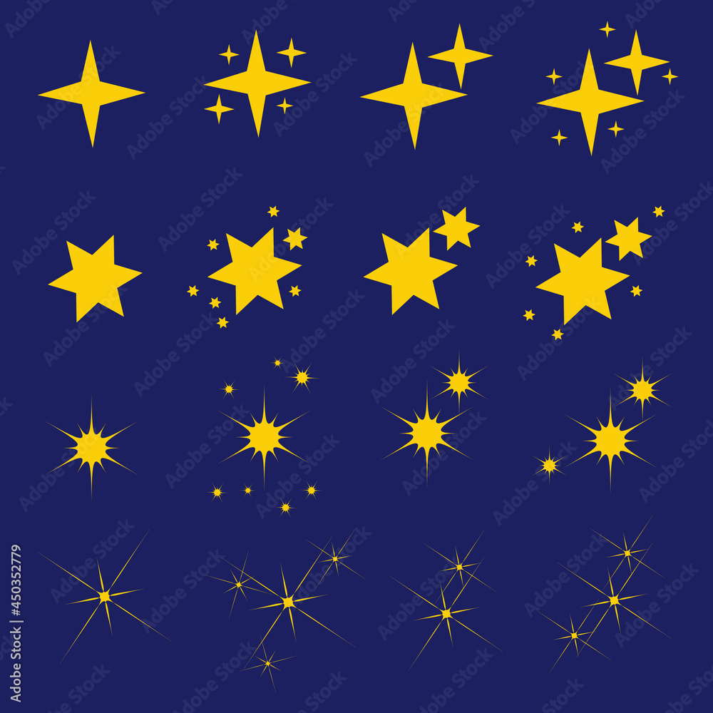 Sparkle the star. Glitter decoration. Set of yellow glitter icons, star. Sparkle the star. Glitter decoration. Set of yellow glitter icons, star.