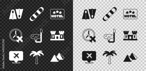 Set Rubber flippers for swimming, Snowboard, Signboard with text Hotel, Speech bubble airplane, Tropical palm tree, Egypt pyramids, Clock and Diving mask and snorkel icon. Vector