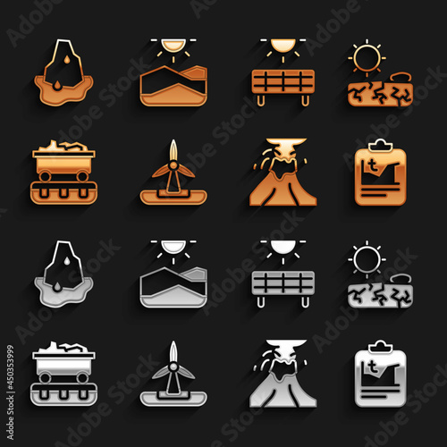 Set Wind turbine, Drought, Global warming, Volcano eruption with lava, Coal train wagon, Solar energy panel, Glacier melting and icon. Vector