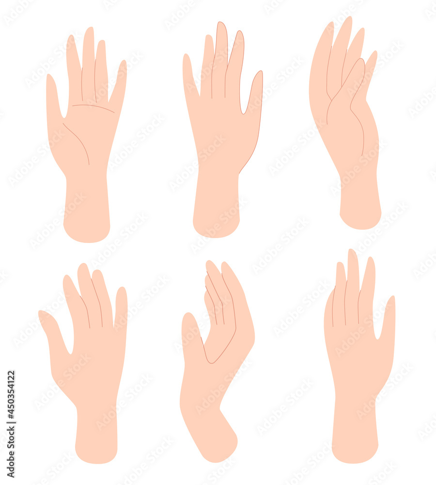 Set of female hands in different gestures. Human hands, palms. Vector illustration in flat style isolated on white background. Set of female hands in different gestures. Human hands, palms. Vector illustration in flat style isolated on white background.