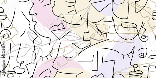 One line drawing. Abstract face seamless pattern.