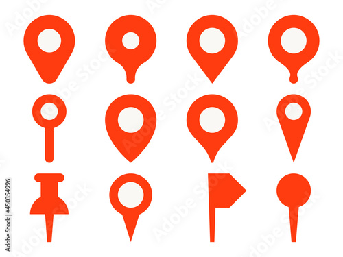 Flat pin icons. Position pointer, map flag and navigation mark. Red pins vector set