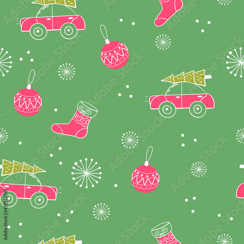 Seamless pattern, Christmas, on a green background, snowflakes, car with a Christmas tree, Christam sock, Christmas tree toy, spruce. photo