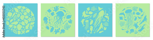 Set of posters with marine life. Abstract illustration of summer time concept. Underwater set of silhouettes. .Flat vector illustration. Card templates