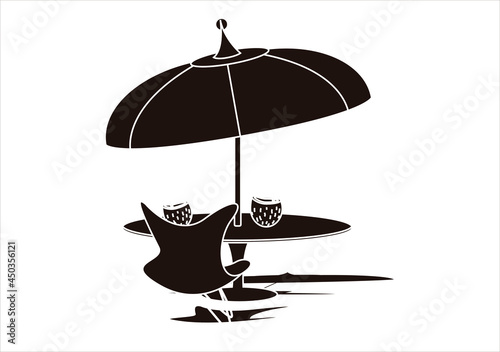 Icono negro de sombrilla y chiringuito en una playa.