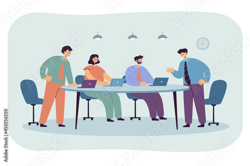 Disagreement between board of directors and office staff. Angry business partners having argument in meeting room flat vector illustration. Communication, conflict concept for banner or website design
