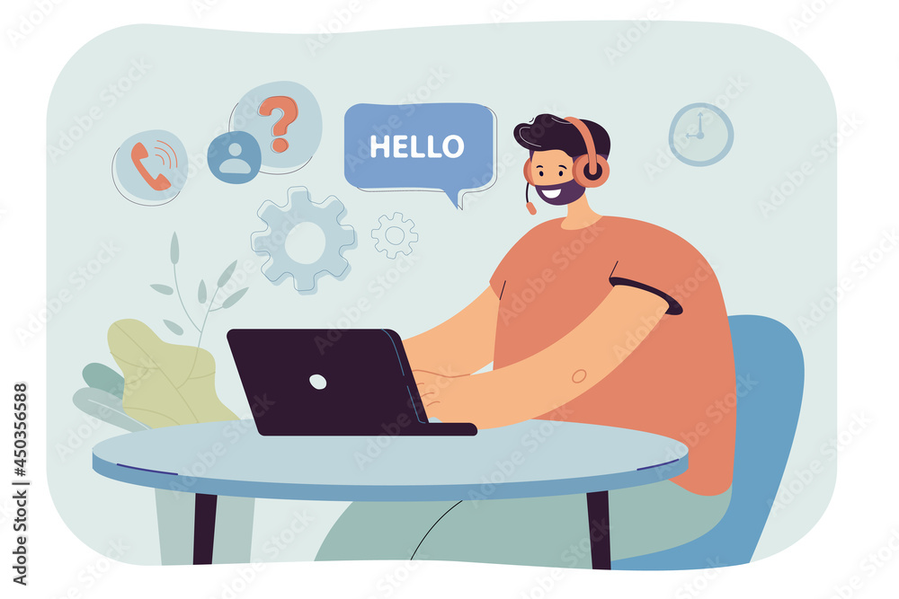 Male call center operator in headset working on laptop. Man in headphones at table flat vector illustration. Customer service or support, communication concept for website design or landing page Male call center operator in headset working on laptop. Man in headphones at table flat vector illustration. Customer service or support, communication concept for website design or landing page