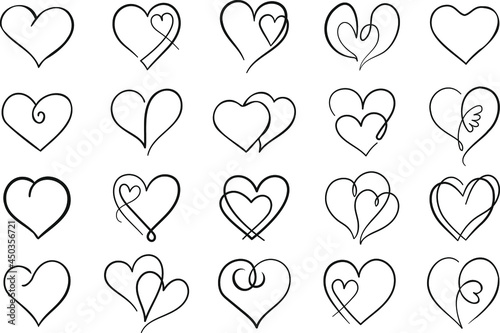 Outline vector heart set. Collection of black thin line heart icons. Abstract, stylized decorative hearts isolated on white background.