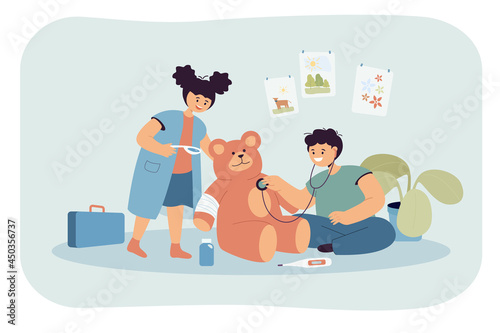 Cute children playing doctor together. Kids having fun while examining healthy teddy bear flat vector illustration. Childhood, education, health concept for banner, website design or landing web page