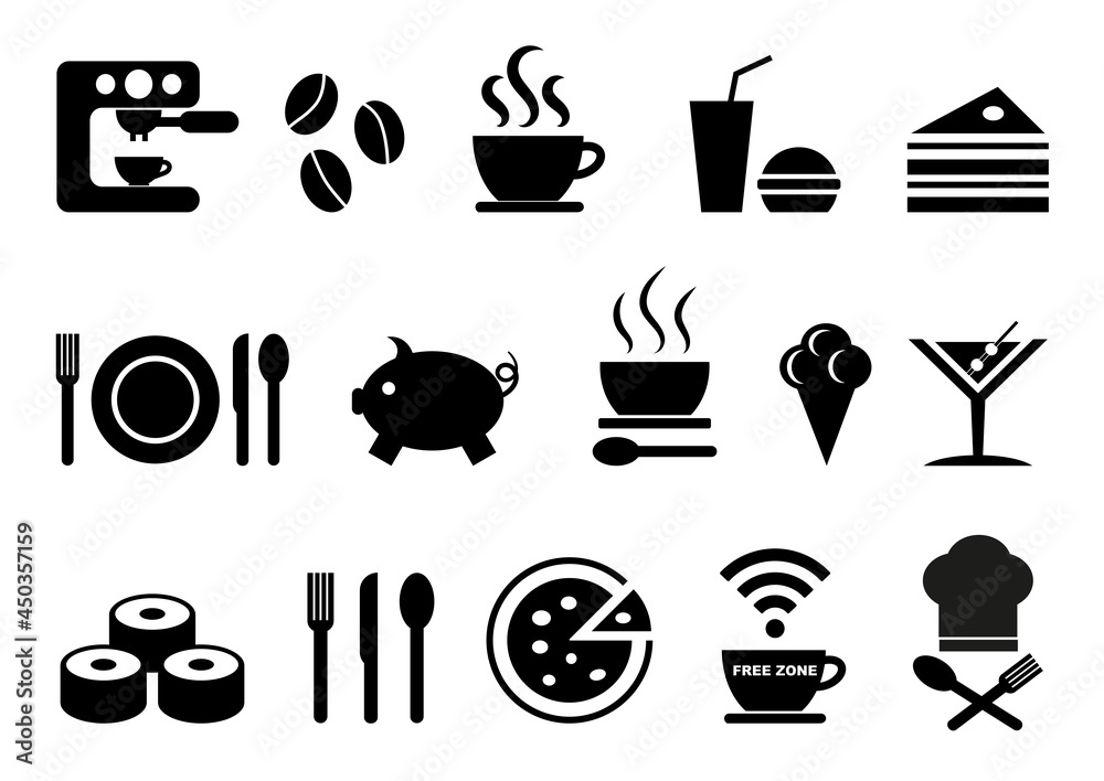 Food, restaurant, kitchen concept vector icon set, black isolated editable symbols on white background Food, restaurant, kitchen concept vector icon set, black isolated editable symbols on white background