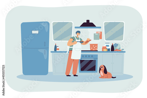 Happy cartoon woman cooking food at stove in kitchen. Female character in apron eating healthy, dog sitting on floor flat vector illustration. Food, preparation concept for banner, website design