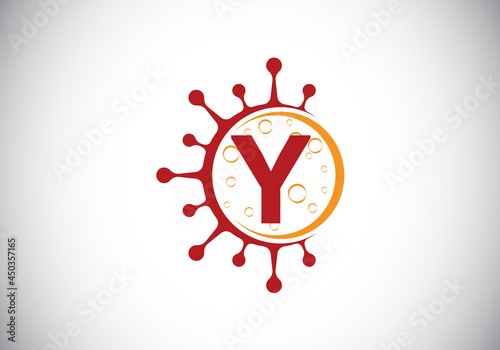 Initial Y monogram alphabet with Coronavirus cells. Lab logo sign symbol design vector Illustration. Font emblem. Corona virus (Covid-19). Stop Coronavirus