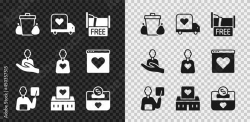 Set Trash can, Delivery truck with heart, Free overnight stay house, Teacher, Volunteer center, Donation and charity, Caring for people and icon. Vector