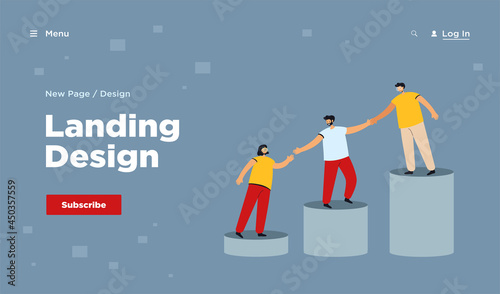 Mentor helping young employees to climb on top of growing bar chart. Team holding hands and walking upstairs together. Vector illustration for mentorship, teamwork, professional support concept