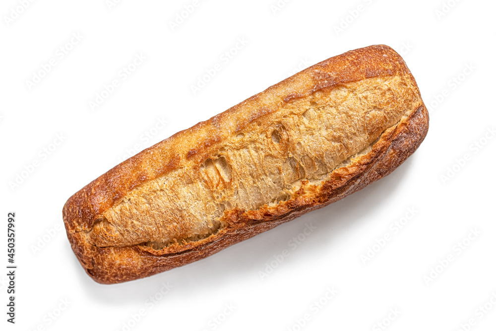 Fresh mini baguette with a crisp golden crust, on a white background Fresh mini baguette with a crisp golden crust, on a white background
