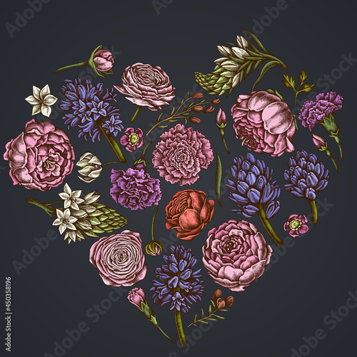Heart floral design on dark background with peony, carnation, ranunculus, wax flower, ornithogalum, hyacinth