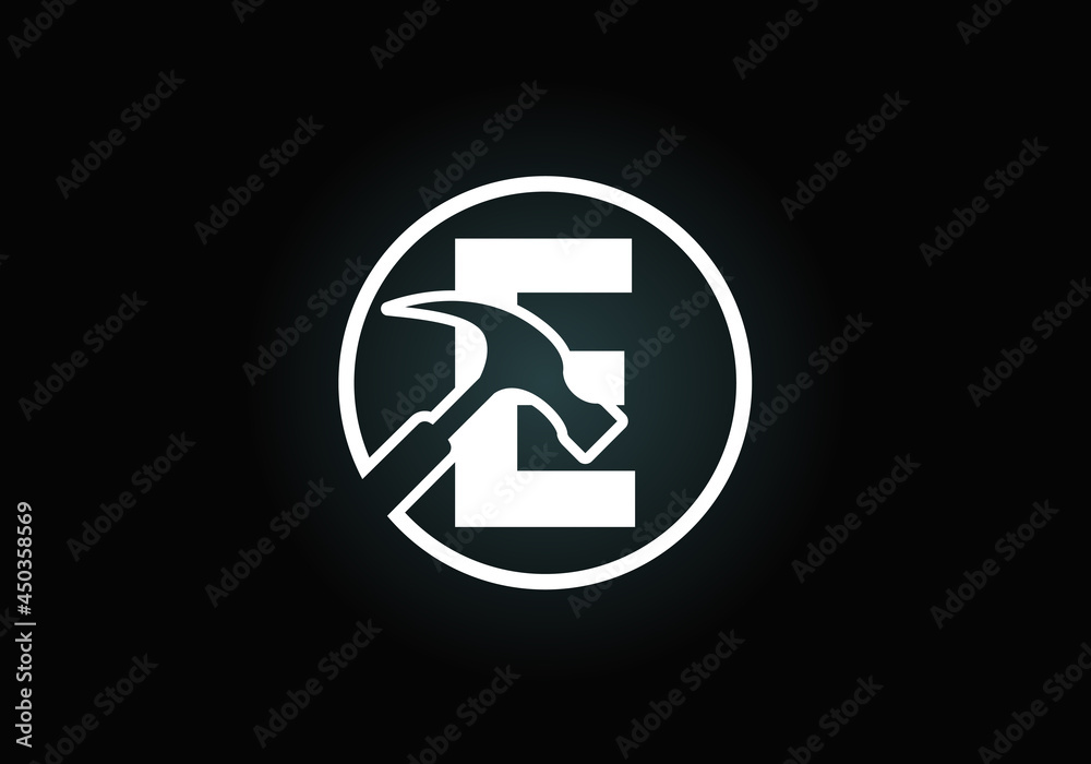 Initial E monogram letter alphabet with a Hammer. Repair, renovation, and construction logo. Modern vector logo for construction business, and company identity Initial E monogram letter alphabet with a Hammer. Repair, renovation, and construction logo. Modern vector logo for construction business, and company identity