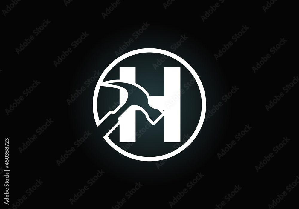 Initial H monogram letter alphabet with a Hammer. Repair, renovation, and construction logo. Modern vector logo for construction business, and company identity Initial H monogram letter alphabet with a Hammer. Repair, renovation, and construction logo. Modern vector logo for construction business, and company identity