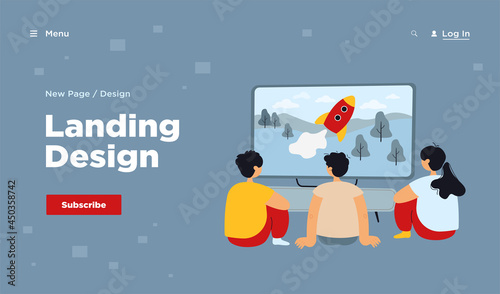 Back view of kids watching TV show isolated flat vector illustration. Cartoon children sitting in front of television screen. Entertainment and childhood concept